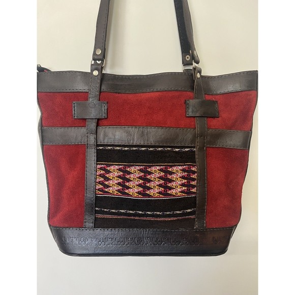 Boho Country Leather And Suede Shoulder Bag Red Brown Purse with Tapestry insert - Picture 3 of 13